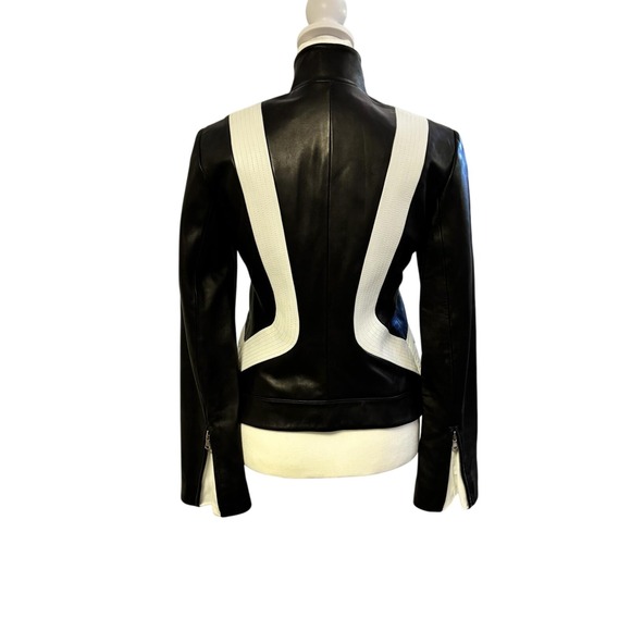 DKNY 100% Lamb Leather Jacket Black White Moto Racer‎ Italian Women's Size 2 - Picture 2 of 7